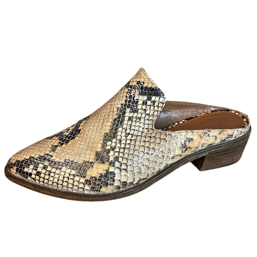 Frye Ray Leather Mules Block Heel Pointed Toe Neutral Snakeskin Women's 8M